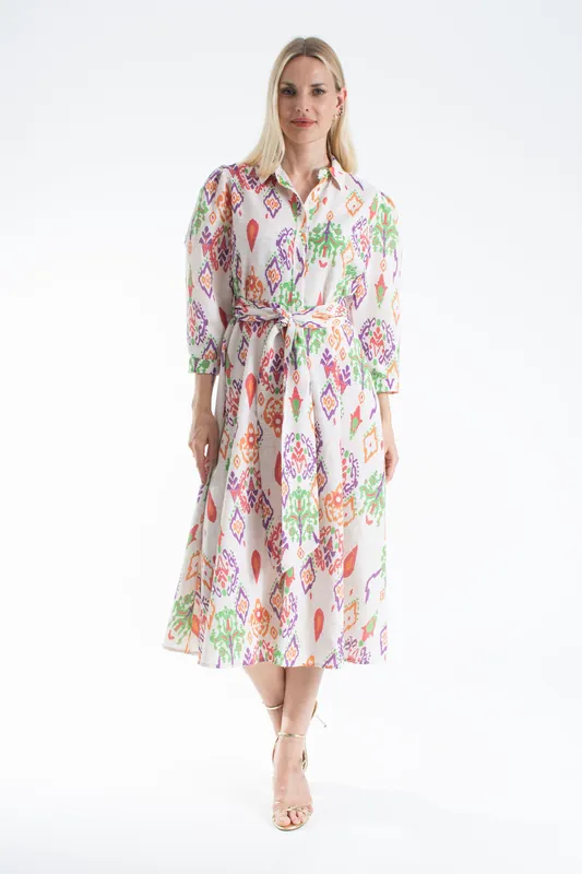 Women’s Linen Blend Ornamental Print Midi Shirt Dress - Belissh