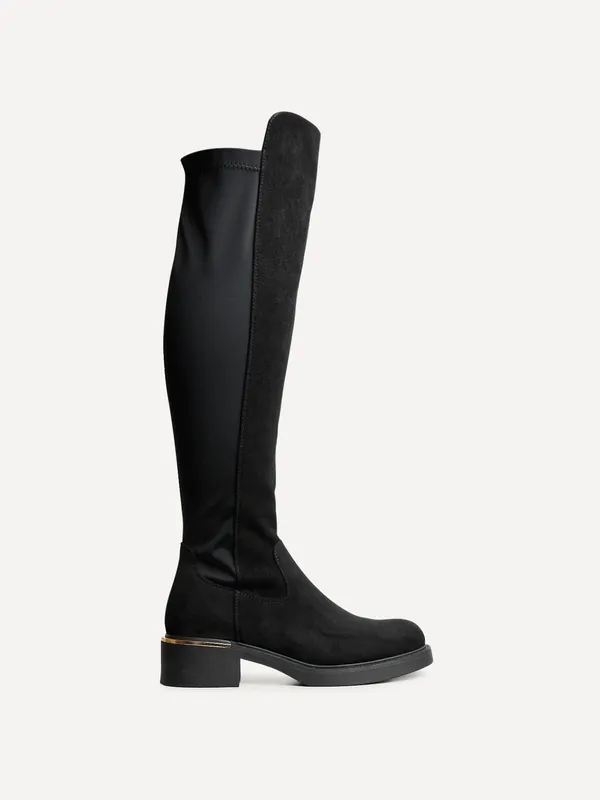 Sawyer Black Faux Suede Knee High Classic Riding Boot - Linzi