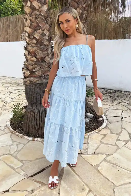 Light Blue Broderie Tiered Midi Skirt - AX Paris