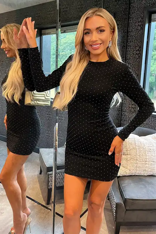 Black Diamante Sparkle Long Sleeve Mini Dress - AX Paris