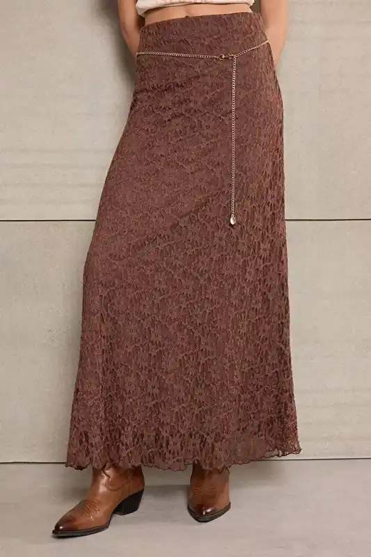 A-Line Lace Maxi Skirt with Chain Belt Detail