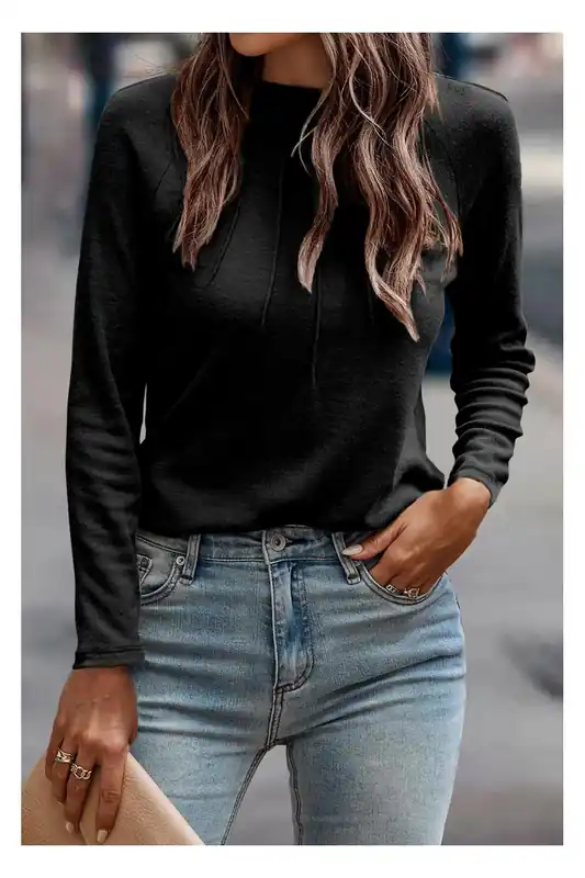 Black Solid Color Seam Detail Raglan Long Sleeve Top - Everyday The Label
