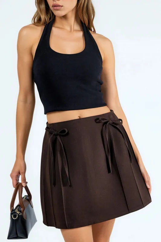 High Waist Mini A-Line Skort with Tie Detail