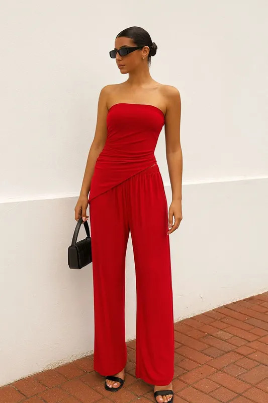 Ruched Bandeau Crop Top and Wide Leg Trouser - Co-ord Set