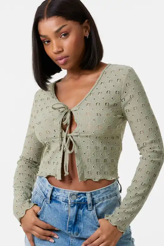 Tie Front Cutwork Cardigan - Pink Vanilla