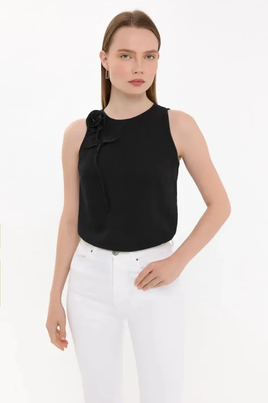 Sleeveless Round Neck Blouse with Flower Detail - Hiccup