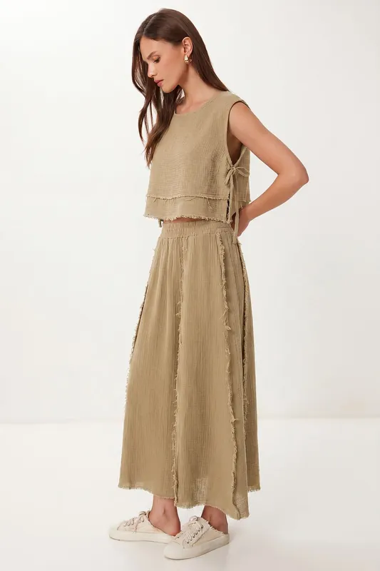 Cotton Sleeveless Blouse and Wide-Leg Skirt Set