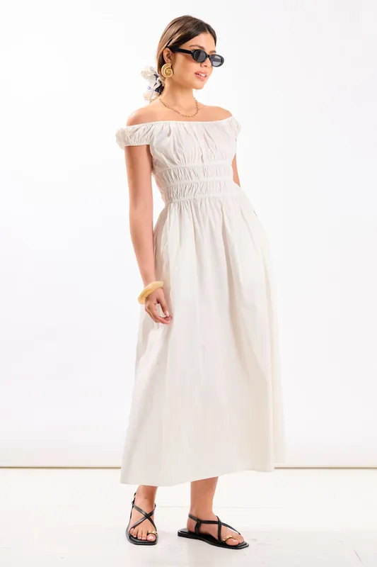 White Cotton Shirred Bardot Midi Dress - Needs No Label