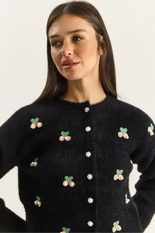 Embroidered Button-Up Cardigan