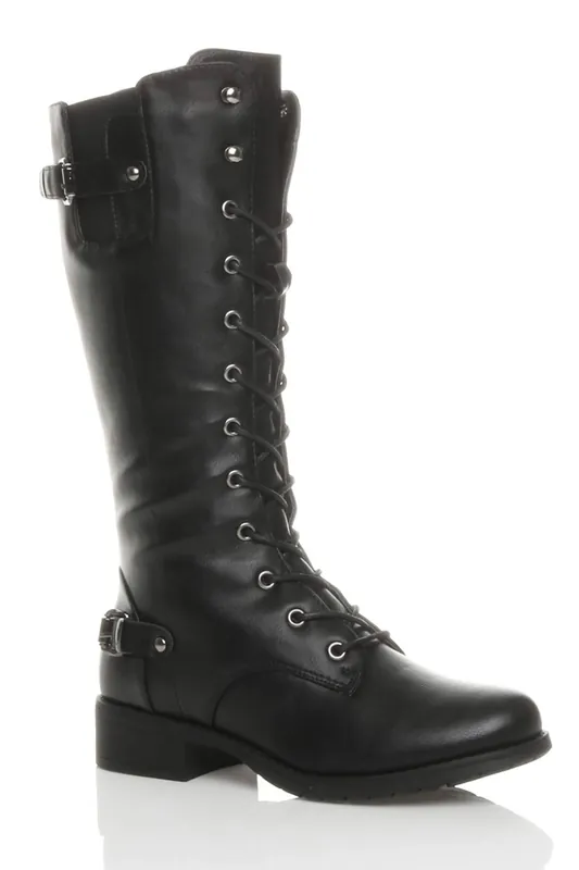 Lace Up Calf Military Biker Boots - AJVANI