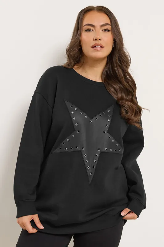 Faux Leather Star Eyelet Sweatshirt - Yours