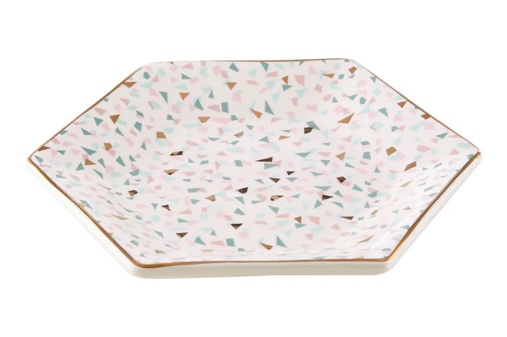 Terrazzo Patterned Small Ceramic Dish,Compact Butter Dish With Gold Rim,Geometric White Plate,Glazed Dish - Orsina