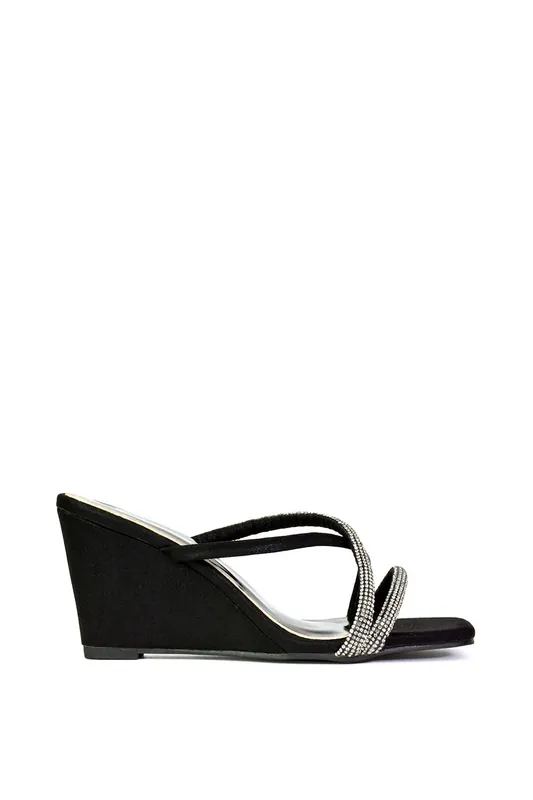 Kinsley' Diamante Strappy Square Toe Sandal Wedge Heels - XY London