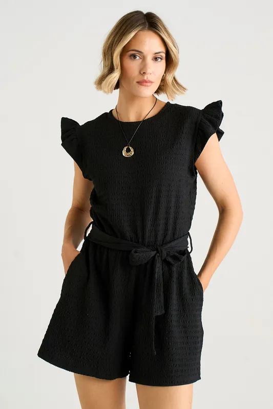 Black Stretch Texture Frill Elasticated Waist Playsuit - Gini London