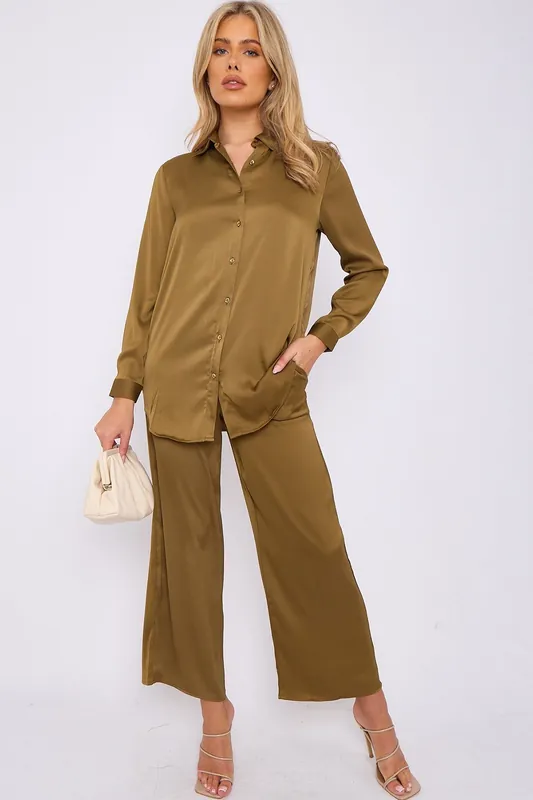 Olive Crepe Satin Co-ord Shirt and Trousers Set