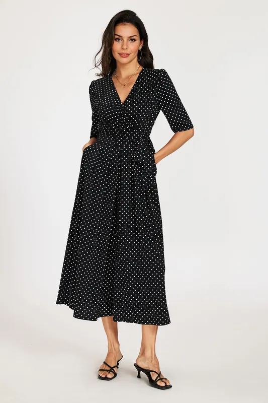 Polka Dot Wrap Culotte Jumpsuit with Tie Waist - FS Collection