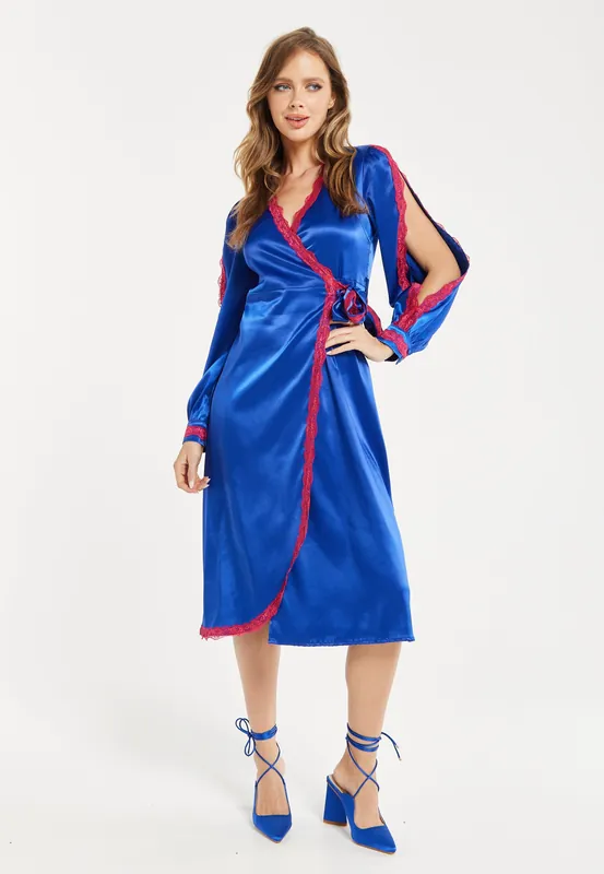 Royal Blue Satin Midi Wrap Dress - Liquorish