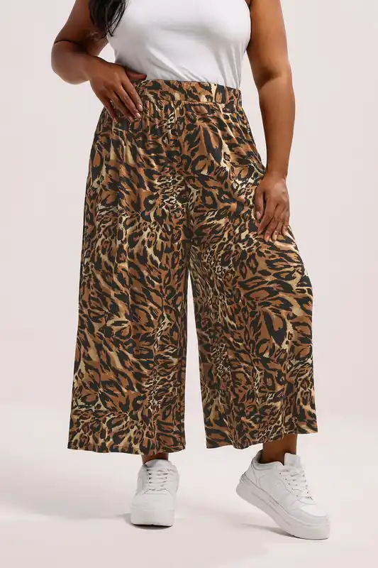 Animal Print Wide Leg Cropped Trousers - Yours