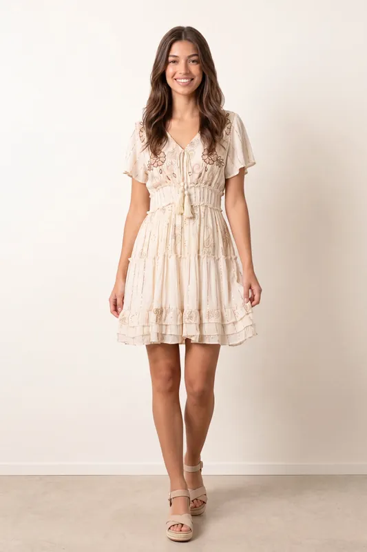 Beige Embellished Tiered Mini Dress - Blue Vanilla