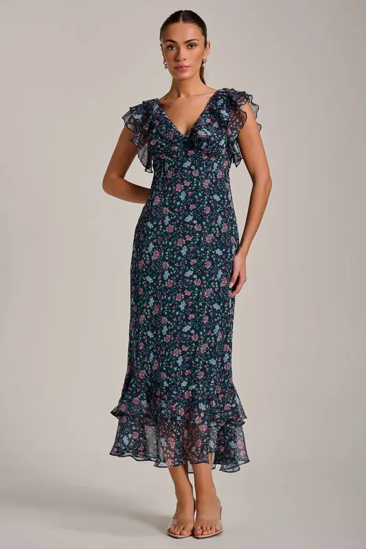 Ruffle V Neckline Chiffon Midaxi Dress - Jolie Moi