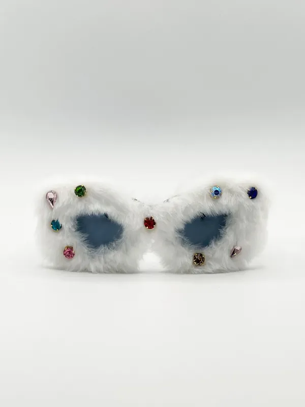 Faux Fur Cateye Sunglasses with Multicoloured Gems - SVNX