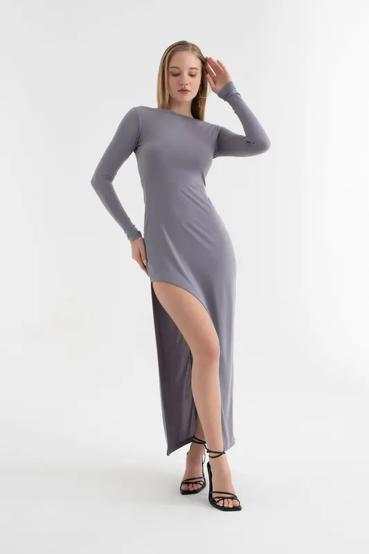 Round Neck Slit Long Sleeve Midi Dress - Hiccup