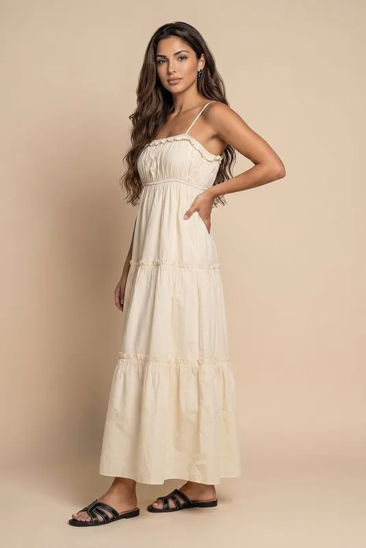 Cream Ruched Tiered Maxi Dress - Urban Bliss