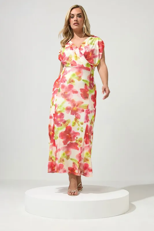 Floral Mesh Godet Hem Wrap Dress - Yours