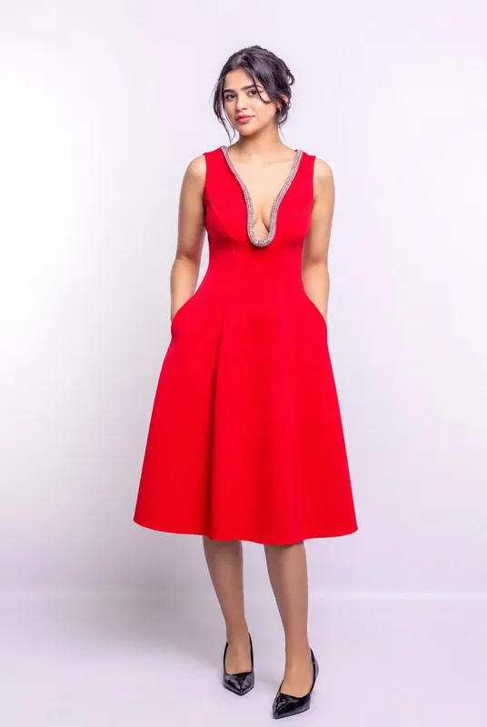 Red Embellished Deep V Flare Dress – Luxe Midi Edition - AVINCI
