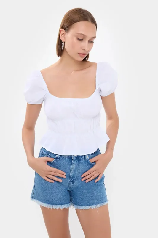 Square-Neck Short Sleeve Peplum Top