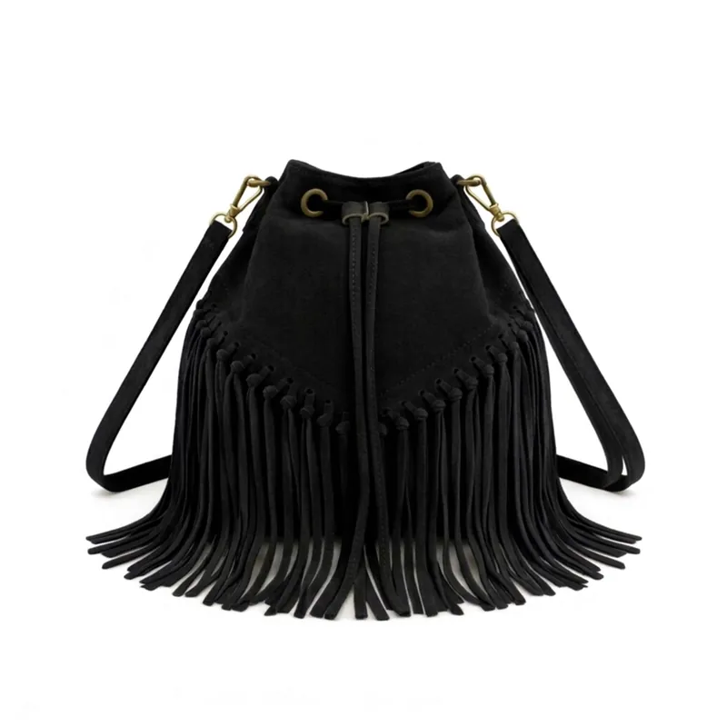 Drawstring Closure Soft Real Suede Leather Boho Fringe Bucket Bag - Kitise