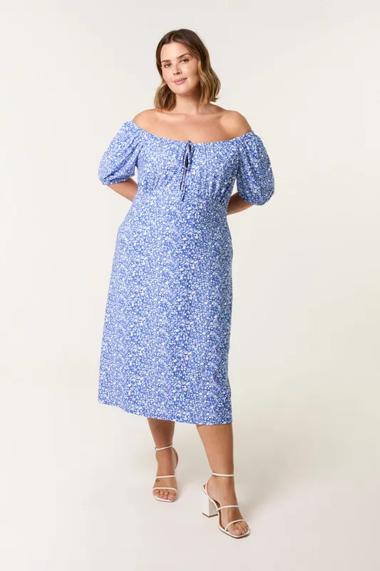 Bright Blue Curve Milkmaid Stretch Crepe Midi Dress - Blue Vanilla