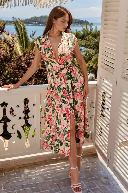 Patterned Midi Shirt Dress with Button Closure - Hiccup