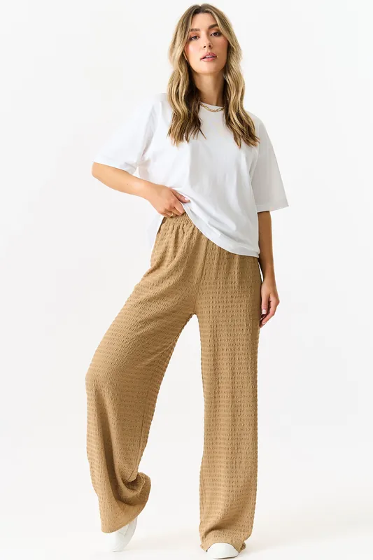 Camel Textured Elastic Waist Pull On Trousers - Gini London
