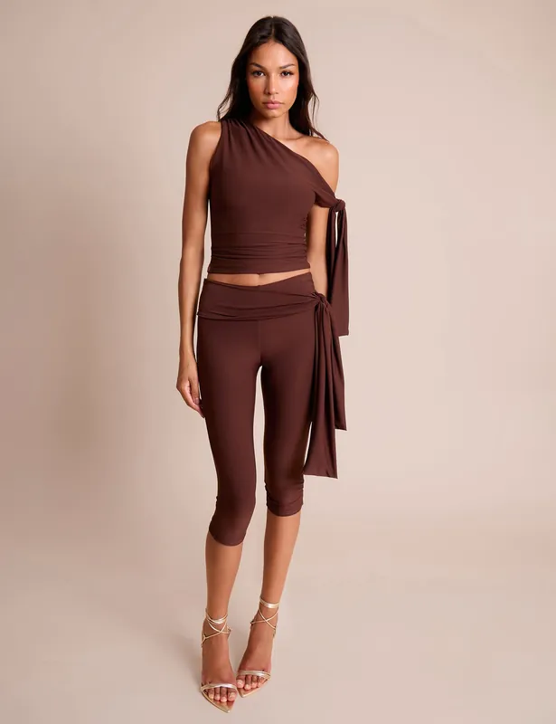 Knot Detail Tie Side Luxe Slinky Capri Pants Chocolate - Public Desire