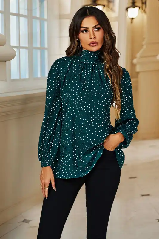 Polka Dot Print Long Sleeve Back Tie Blouse Top In Green - FS Collection