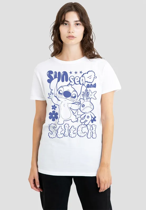 Lilo And Stitch Sun Sea And Stitch Classic T Shirt, White - Disney