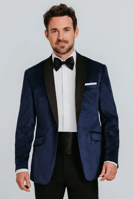 Navy Velvet Jacket with Contrast Shawl Lapel - Dobell
