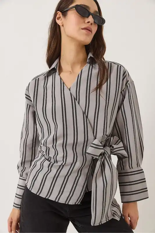 Striped Poplin Shirt with Bow Tie - Bianco Lucci