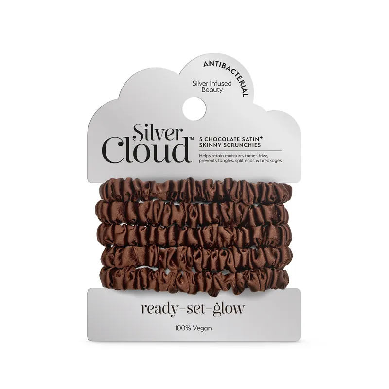 Silver Cloud Silver Ion Infused Satin Skinny Scrunchies Chocolate 5 Pack