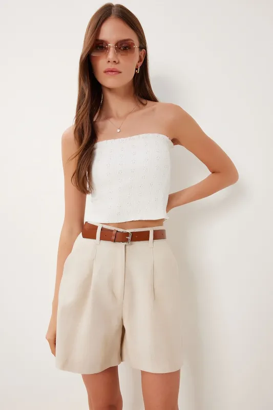 High Waist Belted Wide Leg Shorts - Happiness Istanbul