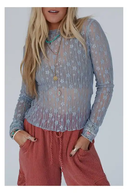 Ashleigh Blue Sheer Floral Lace Long Sleeve Slim Fit Top - Everyday The Label