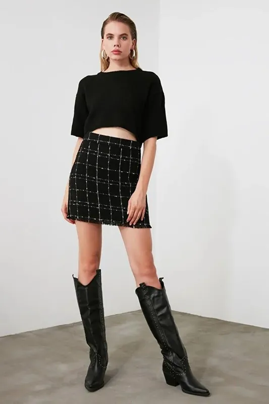 Tweed Check Mini Skirt with Tassel Hem - WOVCOR
