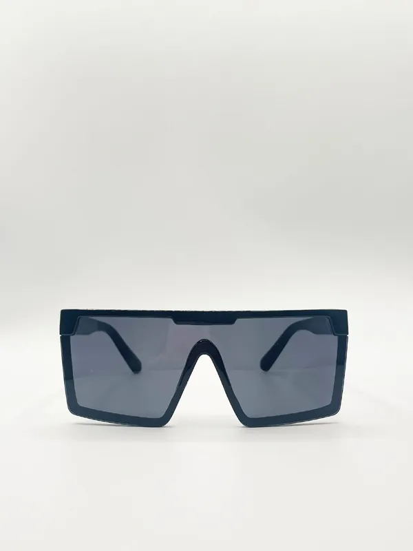 Black Oversized Flat Top Square Frame Sunglasses - SVNX