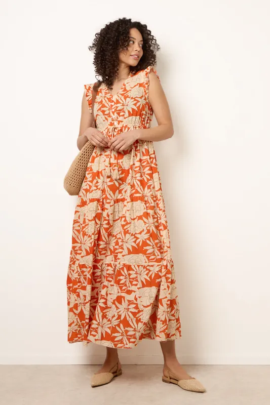 Orange Button Frill Sleeve Dress - Blue Vanilla