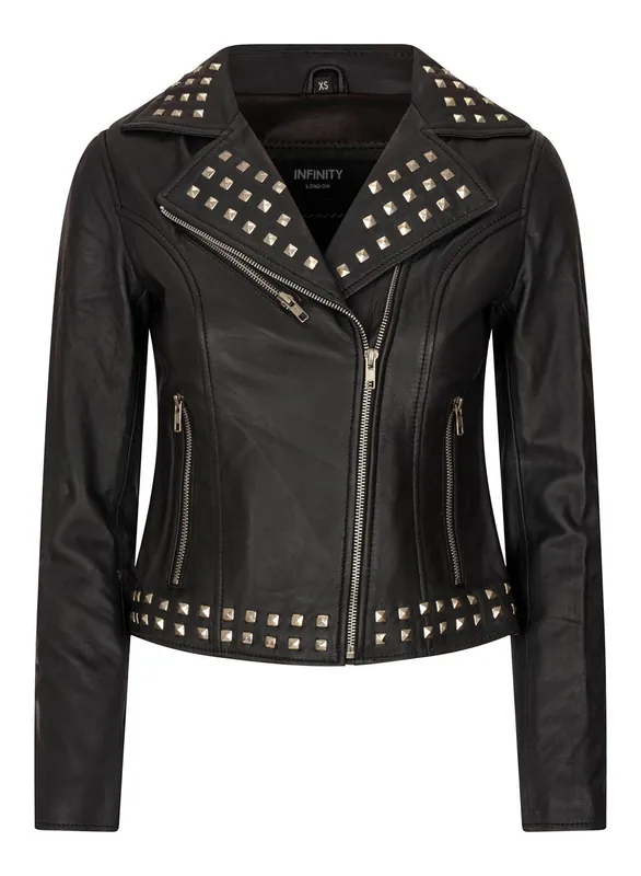 Cross Zip Studded Brando Biker Leather Jacket - TruClothing