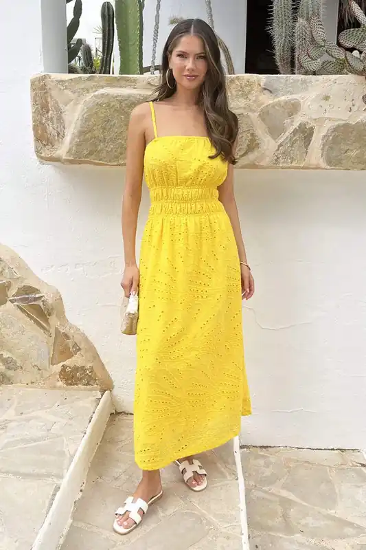 Yellow Broderie Strappy Shirred Waist Midi Dress - AX Paris