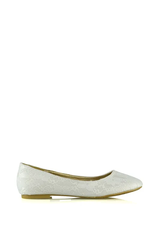 Keva' Round Toe Lace Detail Slip on Wedding Flats Ballerina Bridal Pumps - XY London