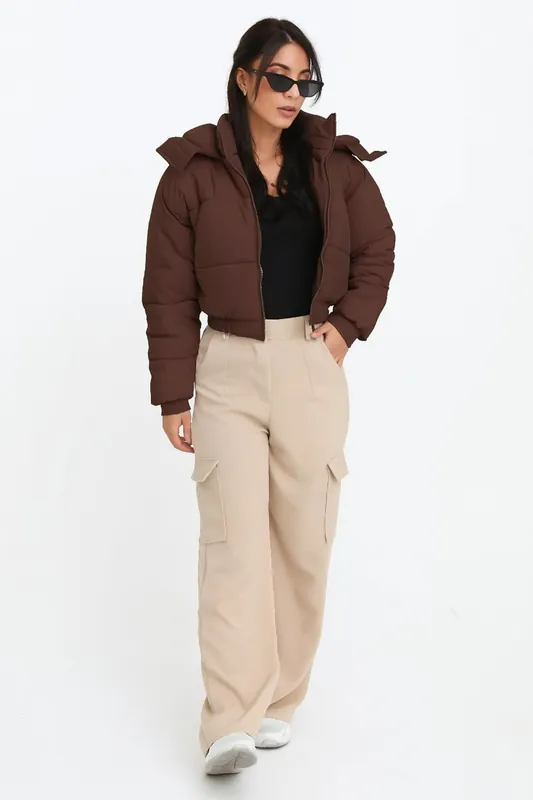 Cropped Padded Long Sleeve Zip Front Shower Proof Jacket - Femme Luxe