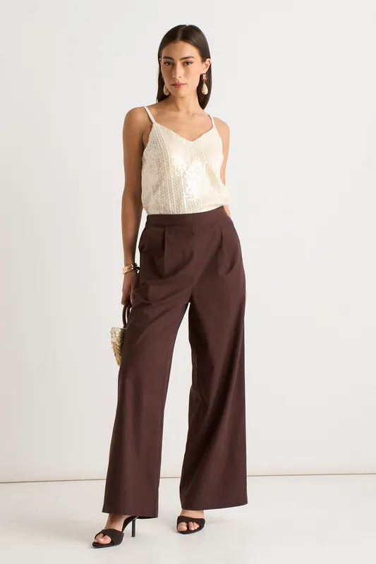 Brown Linen Mix Wide Leg Trouser - Gini London